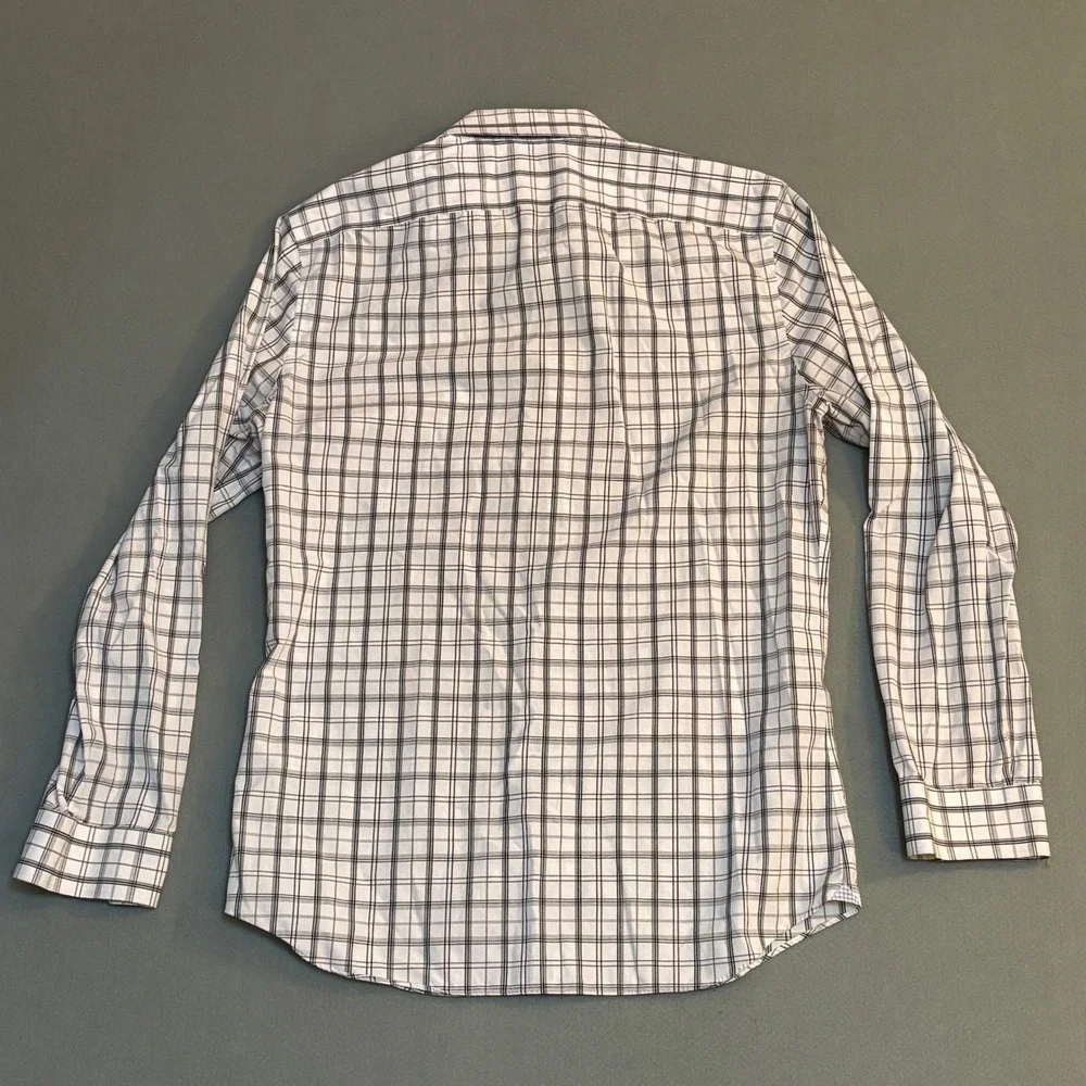 Banana Republic Mens Grant Fit Non-Iron Dress Shirt White Plaid Large 16-16.5